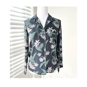 Frank + Oak Floral Silk Button-Front Top in Charcoal and Sage